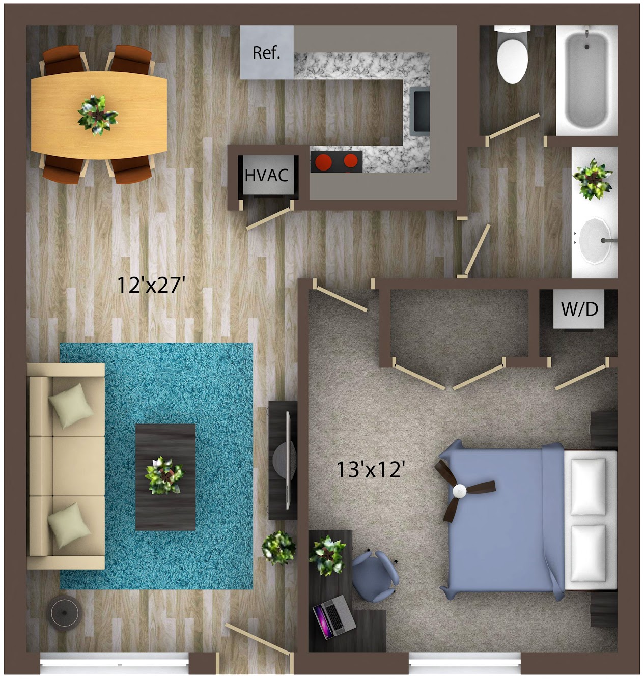 Floor plan for 1 bed, 1 bath, 728 sqft